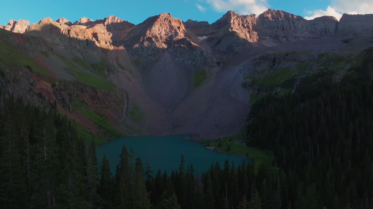 Lower Blue Lake sunset dusk Mount Sneffels Wilderness Ridgway Telluride Colorado aerial drone golden hour shaded peaks San Juan Rocky Mountains Uncompahgre National Forest blue sky left pan up circle