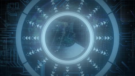 Animation-of-globe-of-plexus-networks-over-round-scanner-against-microprocessor-connections