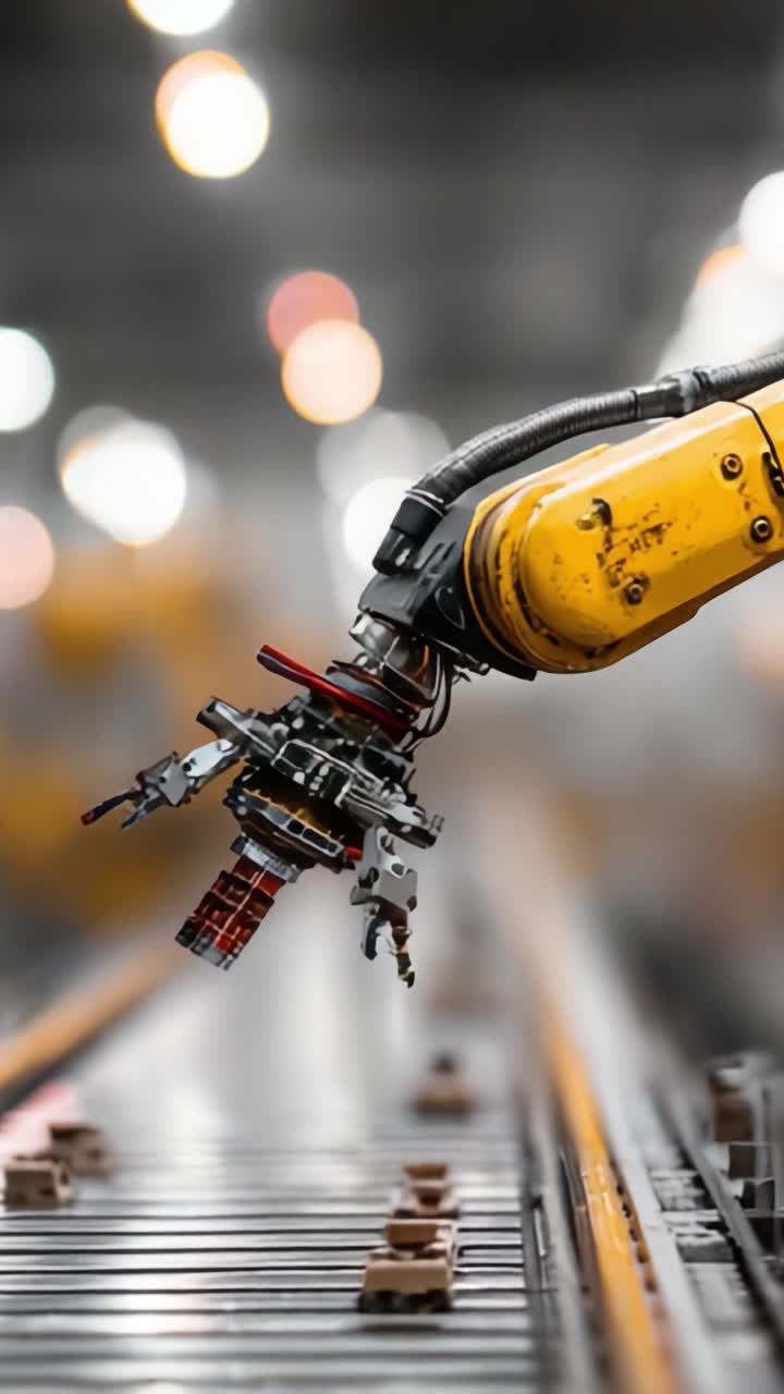 Avanceret robotarm, der håndterer komponenter på et samlebånd, og viser præcisionsteknik og automatisering i moderne produktionsprocesser.