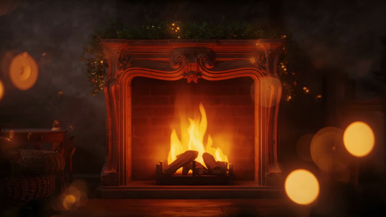 Flickering ornate wooden mantel and fire casting warm glow at home, with garland, embers rising