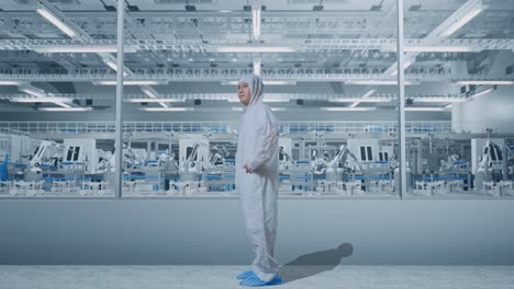 full body side view of asian male scientist putting hands on his hip and looking around in modern lab factory with automated robots