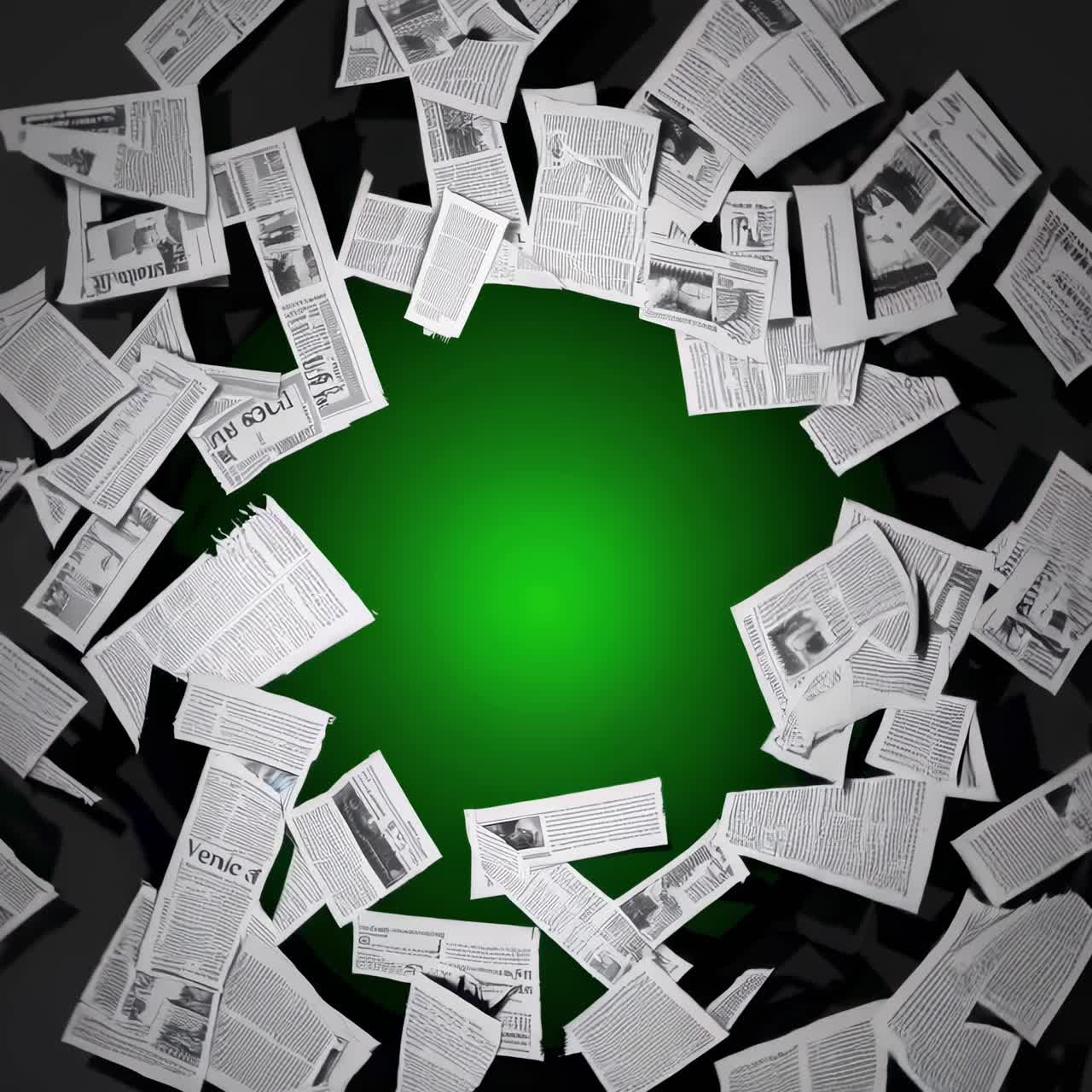 Top-down view of scattered newspapers encircling a glowing green center, creating a dynamic