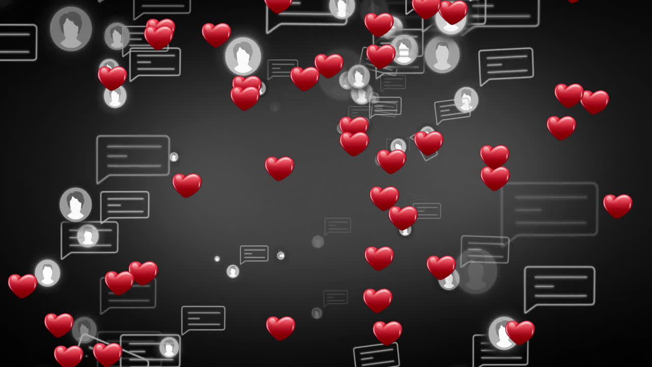 Floating red heart icons with animation over chat bubbles and user profile in app