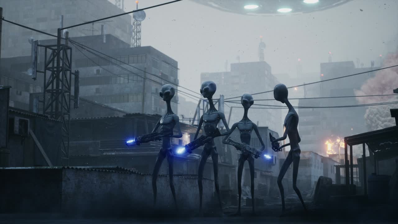 Aliens from deep space with fantastic weapons take over the planet. Apocalyptic atmosphere of a city being destroyed. The looped animation is perfect for apocalyptic, sci-fi and space backgrounds