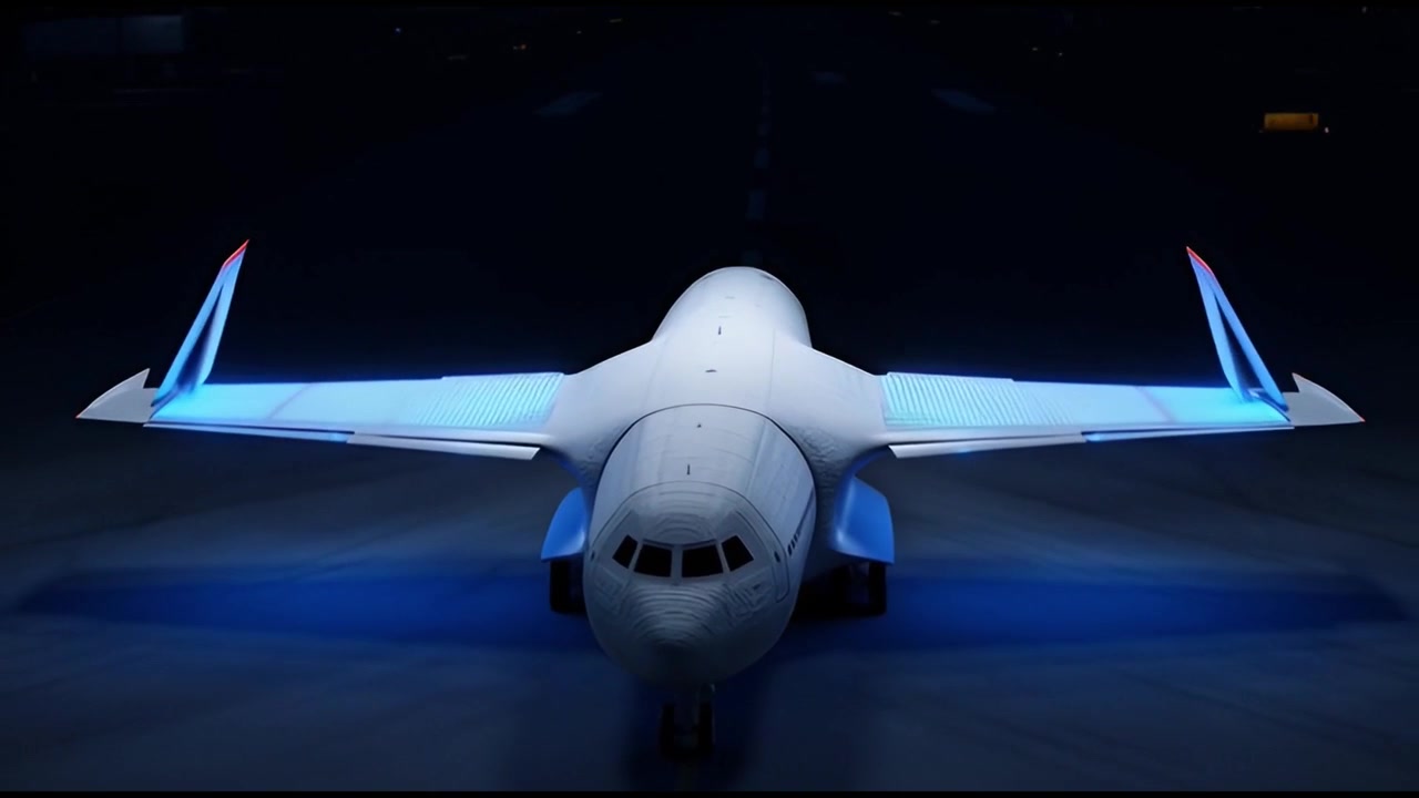 Aereo futuristico con ali blu trasformabili su una pista scura di notte