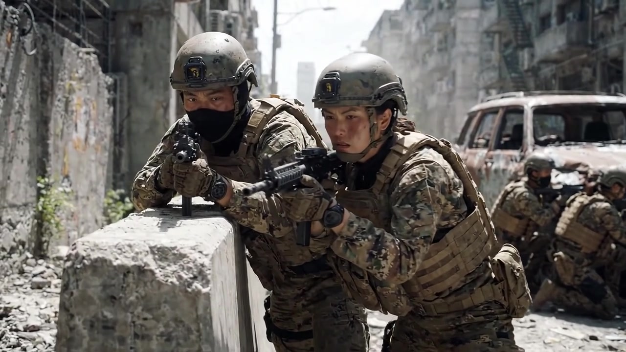 Personale militare impegnato in operazioni tattiche in un ambiente urbano fatiscente, che dimostra lavoro di squadra, concentrazione e prontezza al combattimento in mezzo al caos.