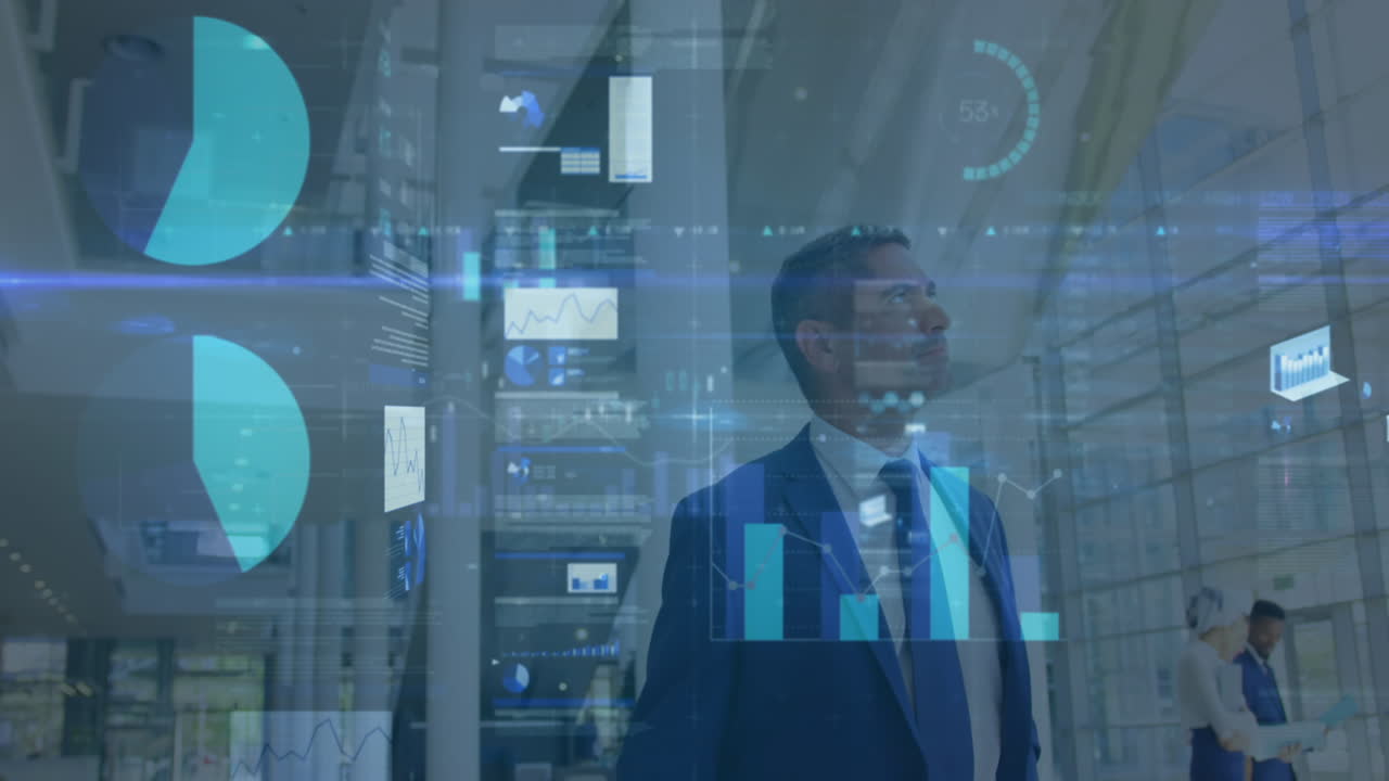 Animation of financial data processing over diverse business people walking in modern office