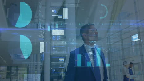 animación del procesamiento de datos financieros sobre diversas personas de negocios que caminan en la oficina moderna
