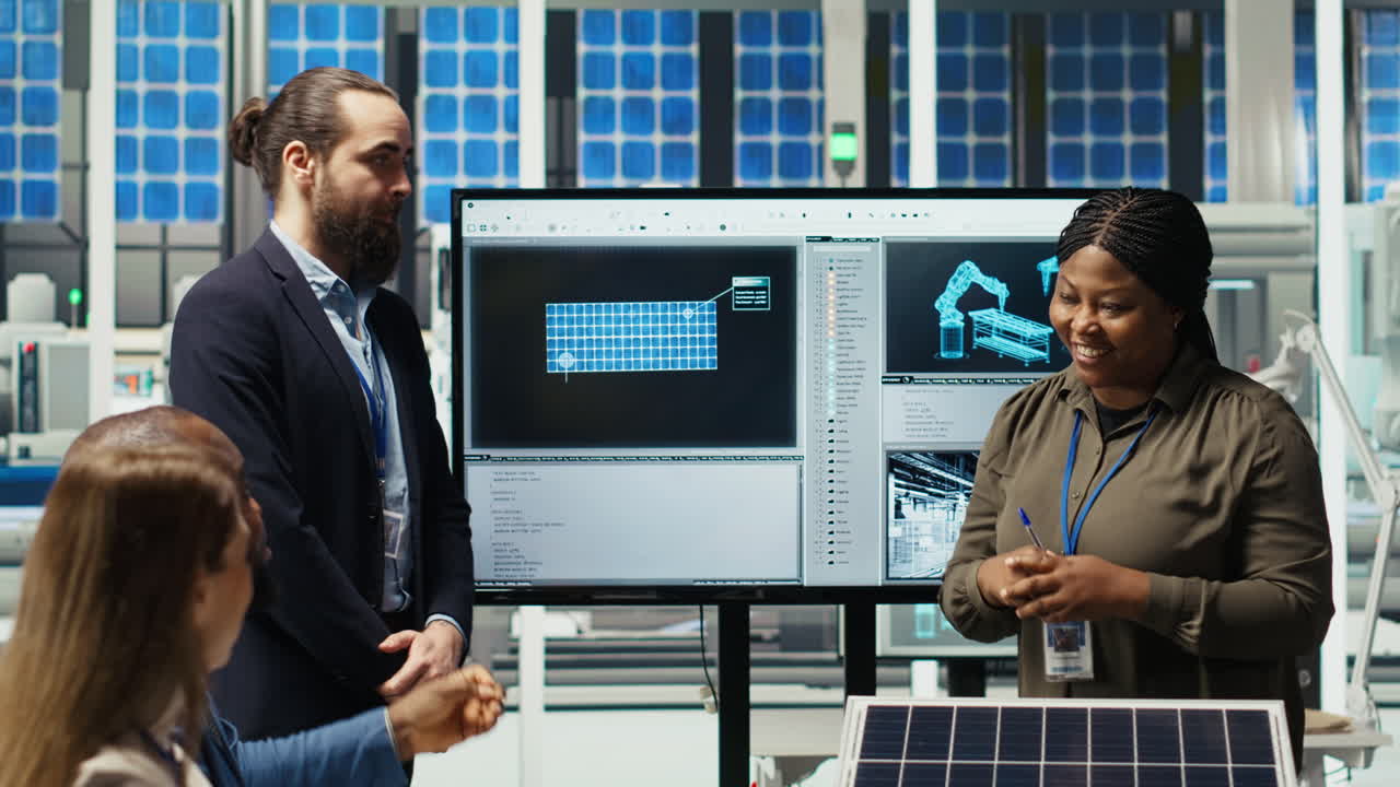 Managers In Photovoltaics Plant Office Reviewing Solar Technology Reports