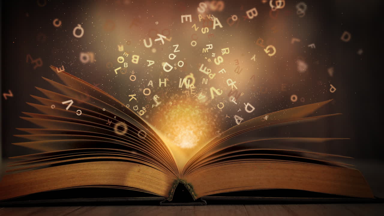 An old open magic book on a table with a bright glow and random letters flying. Educational literature in the library.