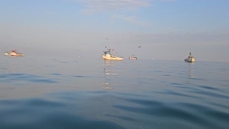 un simple barco de pescador rodeado de pájaros voladores durante un amanecer tranquilo y cálido con agua vidriosa naranja