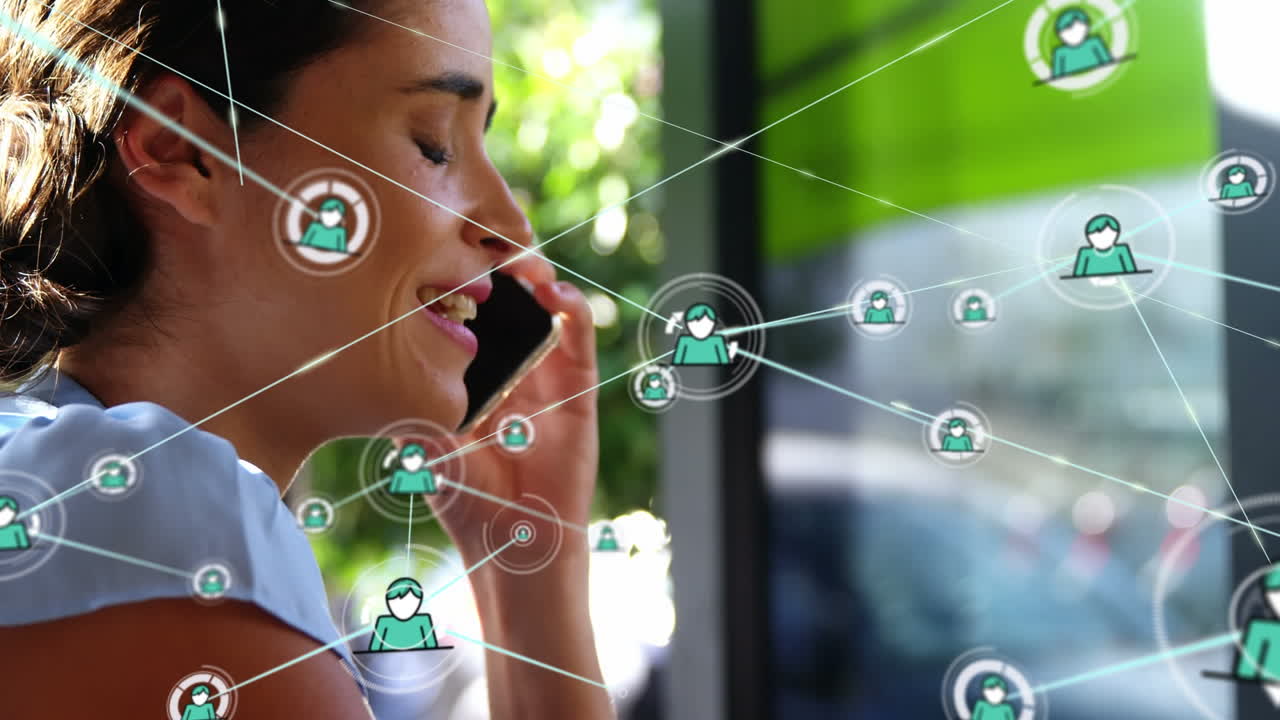 animación de una red de conexiones a través de una mujer de negocios biracial hablando por teléfono inteligente