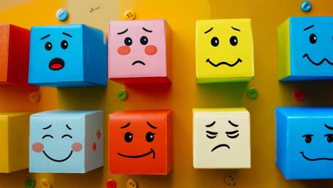 A row of colorful blocks with faces on them, including a happy face with a heart and a sad face with an open mouth