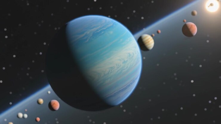 Panning camera revealing blue gas giant rotating in outer space, showing thin bright ring and moons
