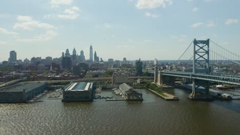 Aerial---Push-In-towards-urban-landscape-as-vehicles-cross-over-suspension-bridge