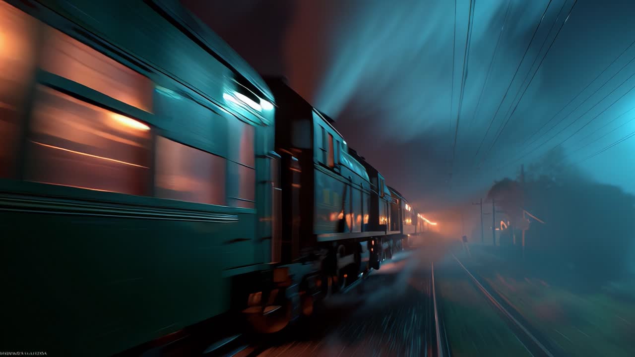 A Mysterious and Atmospheric Journey: Captivating Scenes of a Train Racing Through a Foggy Landscape, Illuminated by Soft Light in the Night Sky