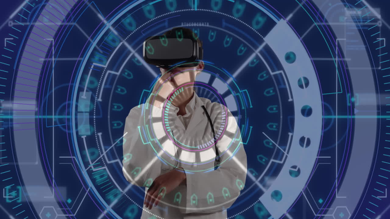 procesamiento de datos y escáner de alcance sobre un médico masculino caucásico senior contra un fondo azul