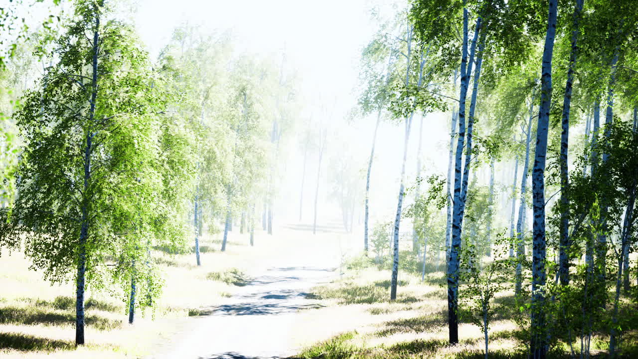 Bright sunlit path through a serene forest with lush green trees