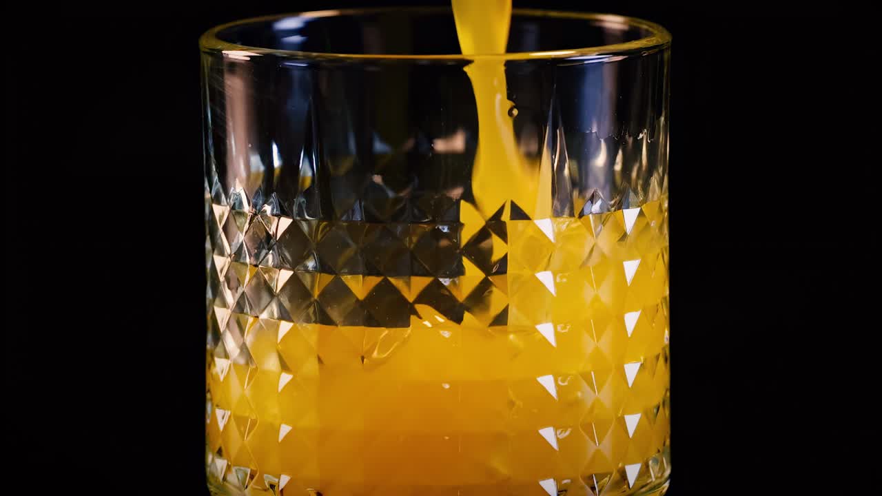 Guarda come un vivace succo d'arancia riempie un bicchiere di cristallo testurizzato su uno sfondo scuro.