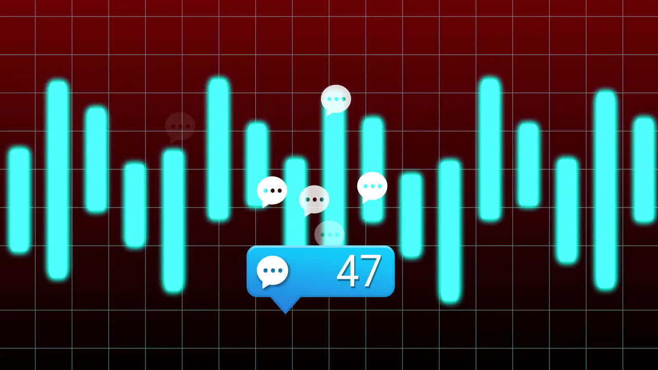 Blue notification showing 47 glowing over teal waveform on red-black panel, with speech icons