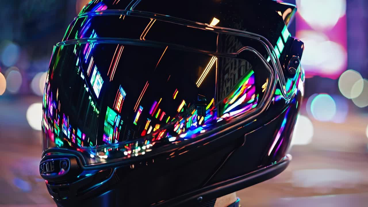 밤의 도시에서 검은 모터사이클 헬