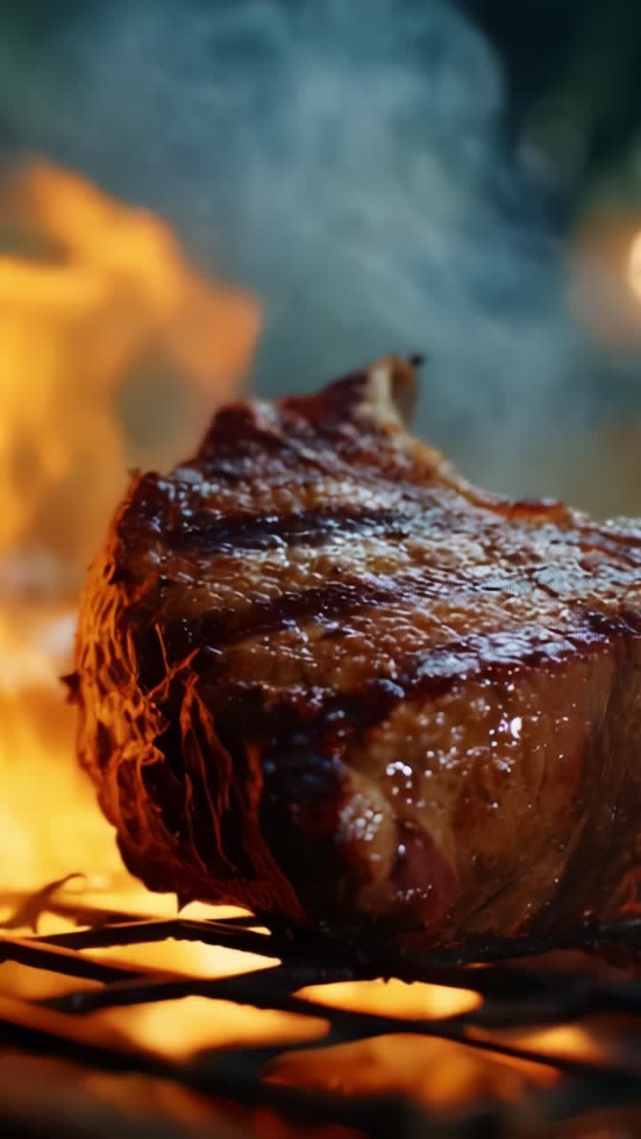 Juicy Grilled Steak Cooking Over Flames: A Close-Up View of Delicious Meat with Smoke Rising, Perfectly Charred and Ready for a Flavorful Meal Experience