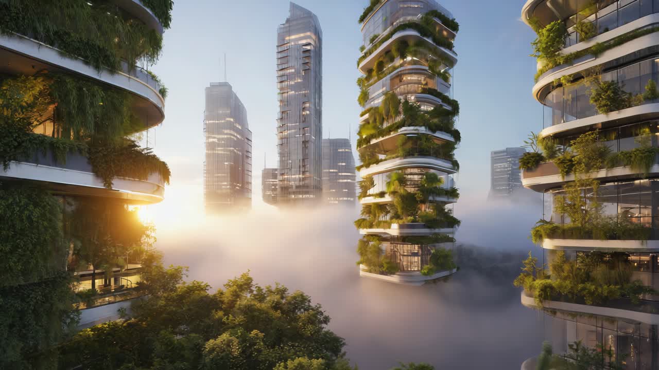 Futuristic Green City Emerging from Clouds at Sunrise/Sunset