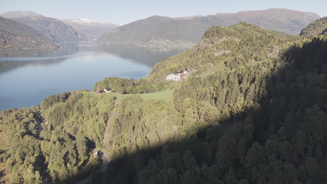Areal footage of Luster fjord in Norway on a sunny day
