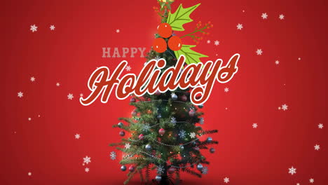 Animation-of-happy-holidays-text-and-snow-falling-over-christmas-tree-on-red-background