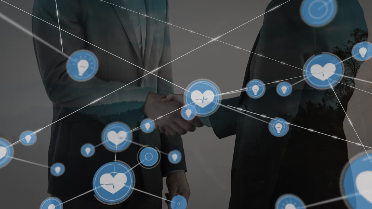 Animación de una red de conexiones con iconos sobre el torso de empresarios dándose la mano