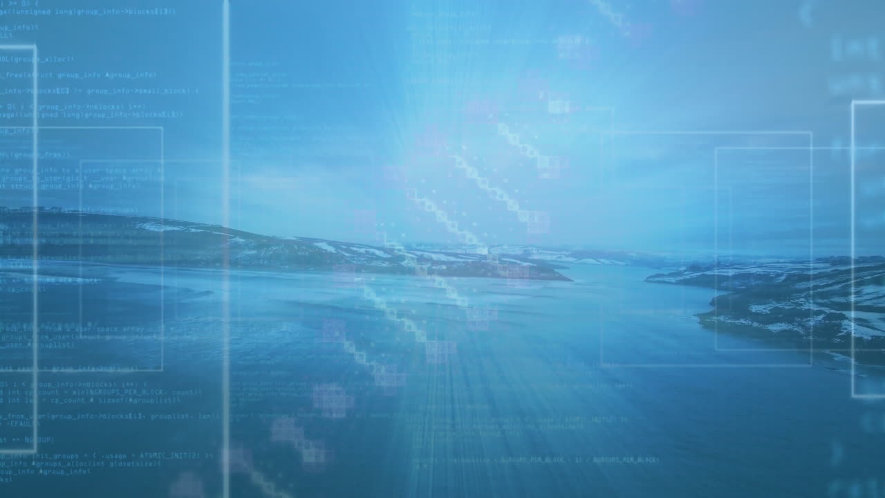 Snow-dusted hills and calm water being overlaid with translucent code windows in flat design