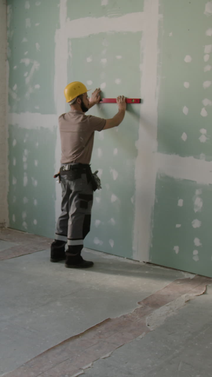 Construction worker installing drywall