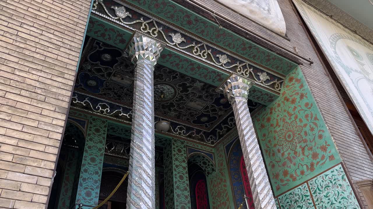 Persian turquoise blue green color stylish luxury architecture interior vivid decorative art in Golestan Palace yard traditional mansion ancient heritage UNESCO landmark Tehran Iran tourism outdoors