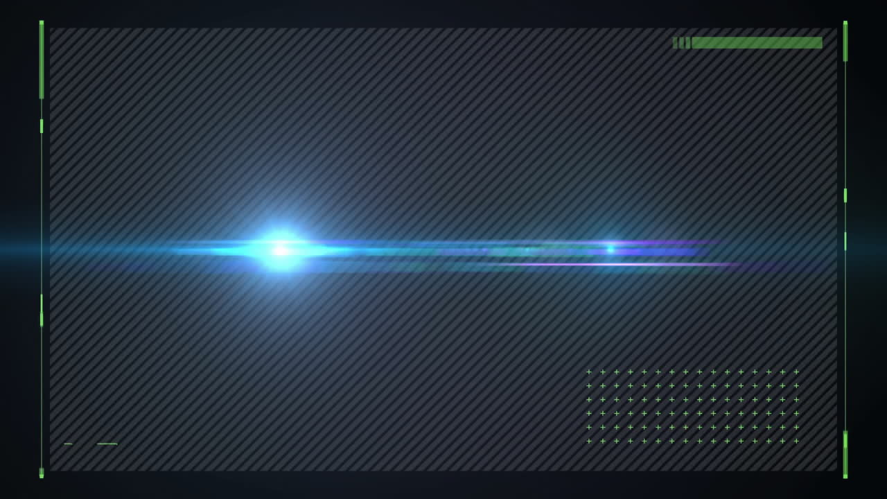 Animation of glowing blue light with digital interface on dark striped background