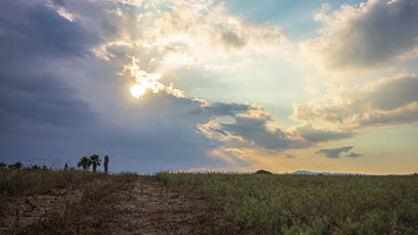 imágenes cinematográficas de timelapse de nubes en movimiento y el sol alcanzando su punto máximo a través de las nubes con un campo de hierba y algunos árboles en el frente