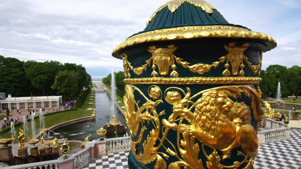 Tracking shot showing Grand Palace fountains park in Peterhof, Saint Petersburg, Russia