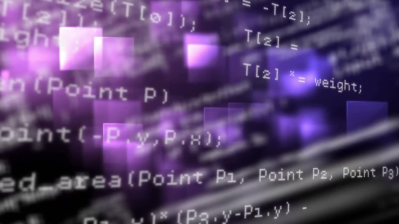 Digital animation of data processing against square shapes moving on purple background