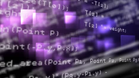 Animación-Digital-Del-Procesamiento-De-Datos-Contra-Formas-Cuadradas-Que-Se-Mueven-Sobre-Fondo-Púrpura