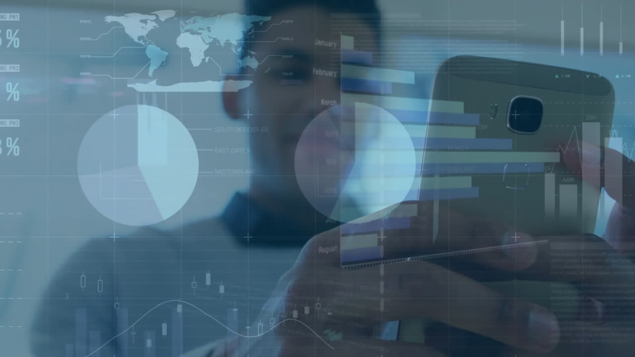 Animation of graphs and infographic interface, low angle view of biracial man scrolling on cellphone