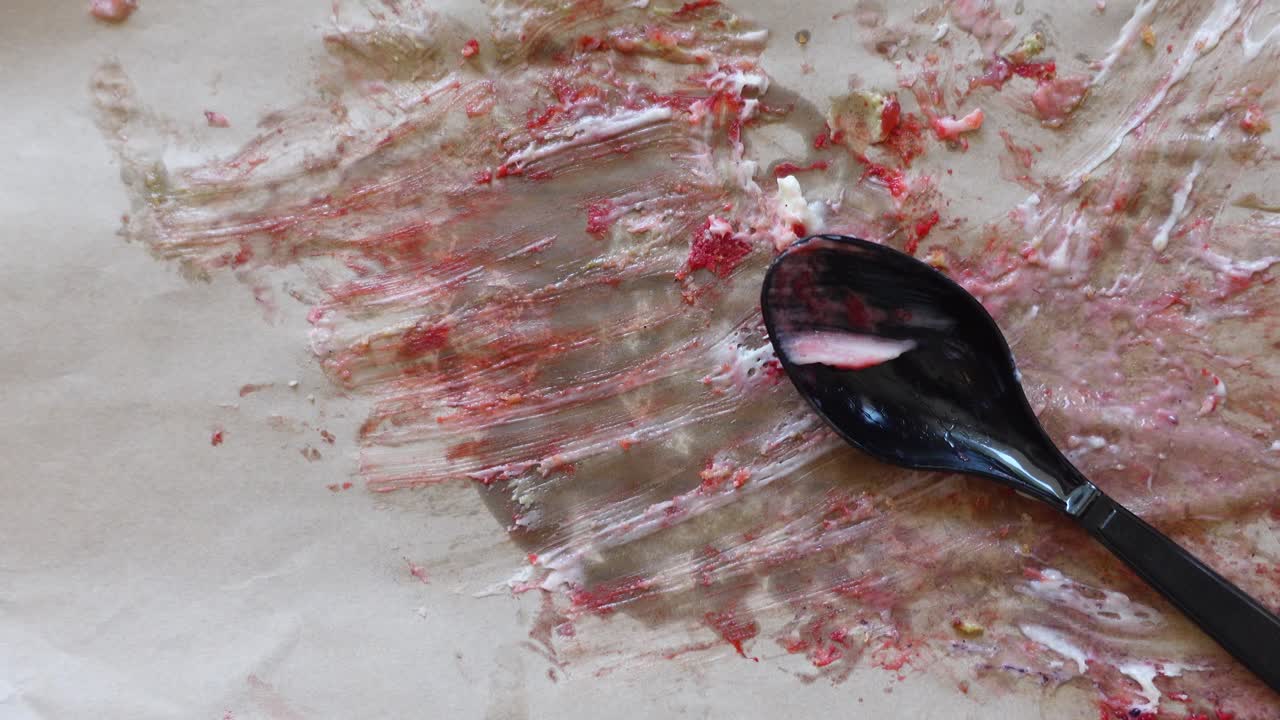 plato vacío con migas y cuchara después de comer el postre