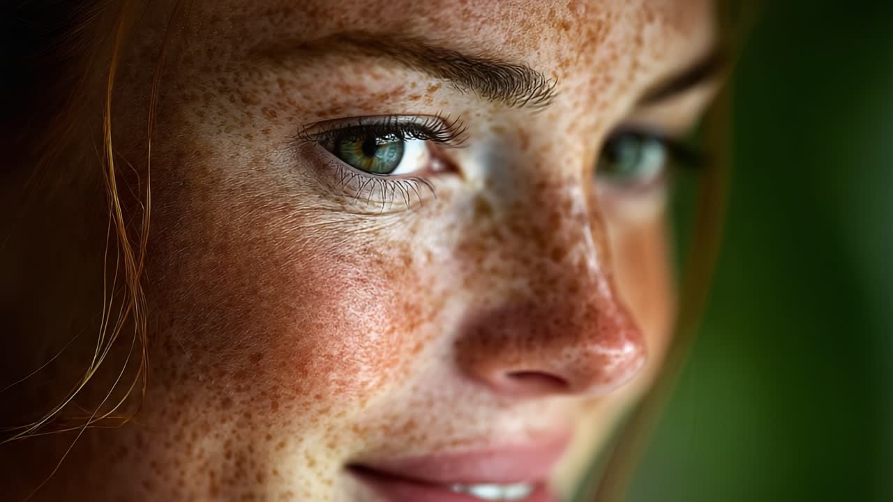 Captivating Close-Up of a Freckled Face: A Beautiful Portrait Showcasing Expressive Eyes and Warm Smile, Highlighting Natural Beauty and Unique Features