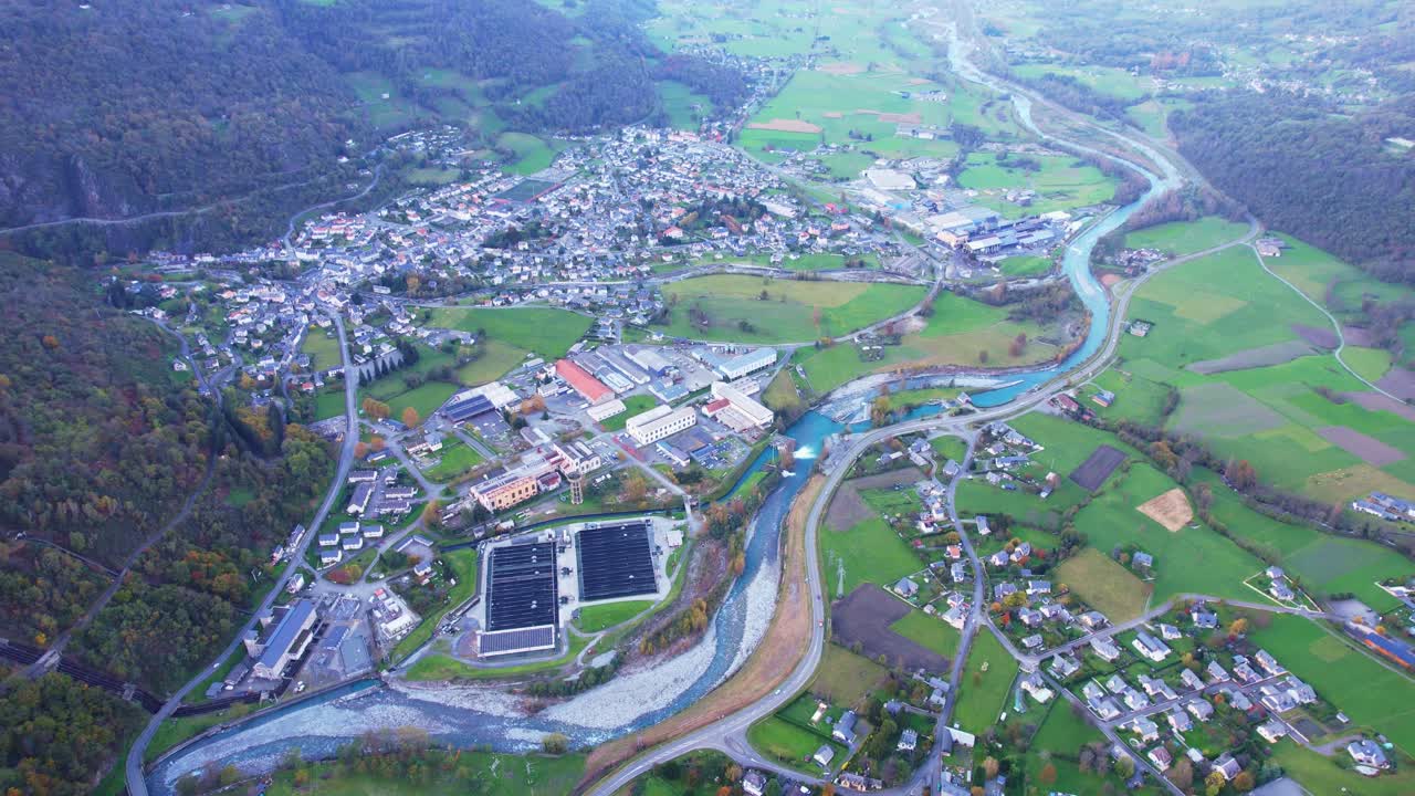 Arial view of Soulom hydroelectric plant in France, scenic landscape