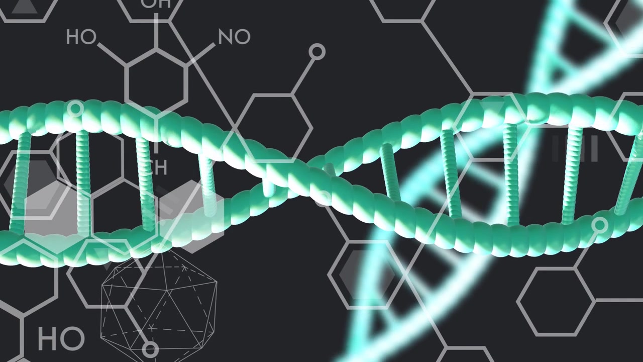 Elica verde menta che ruota, elica ciano che entra da destra, incrociandosi e pulsando per visualizzare l'accoppiamento del DNA.