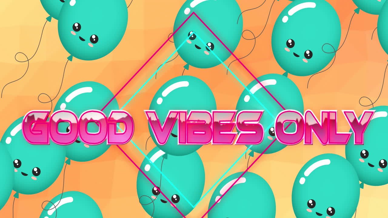 Animation of the words good vibes only written in pink with floating blue balloons on orange