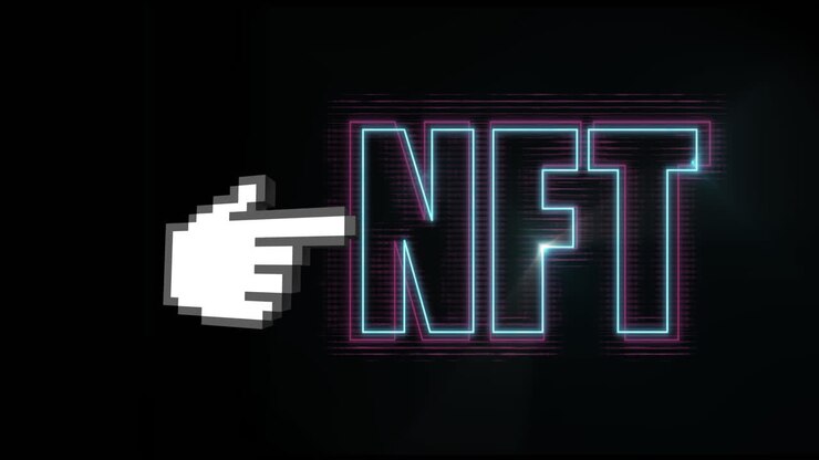 Animation von NFT über einer Hand und schwarzem Hintergrund