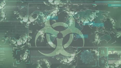 biohazard symbol and covid-19 cells floating against digital interface with data processing