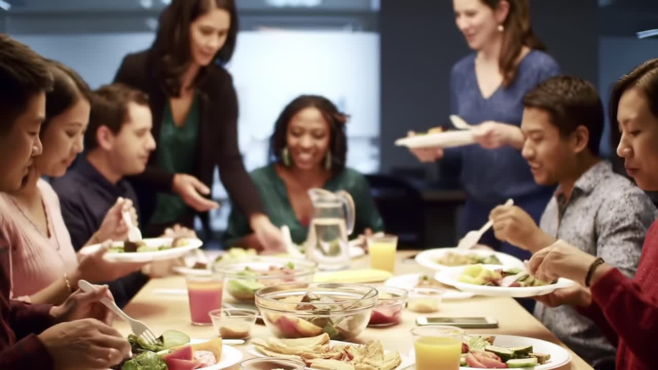 A Joyful Gathering Around the Table: Friends Sharing a Meal Full of Laughter and Delights, Celebrating Togetherness and Delicious Food in a Warm Atmosphere
