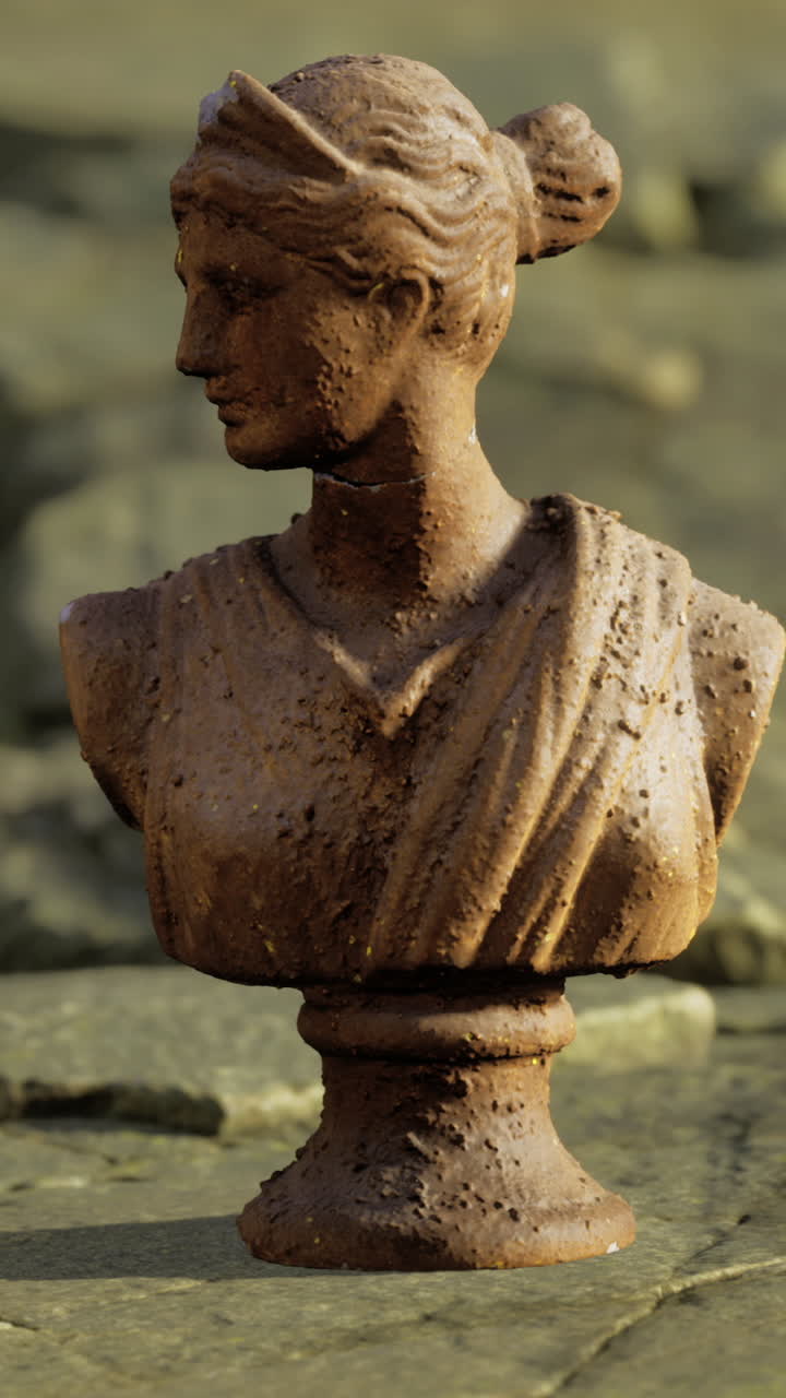 Garden setting showcasing bust on sunlit cracked pedestal surface