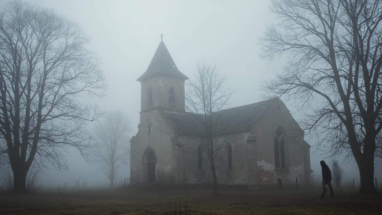 Eerie Atmosphere Surrounds Abandoned Church as Fog Envelops the Landscape, Mysterious Figure Seen in the Foreground Enhancing the Haunting Ambiance
