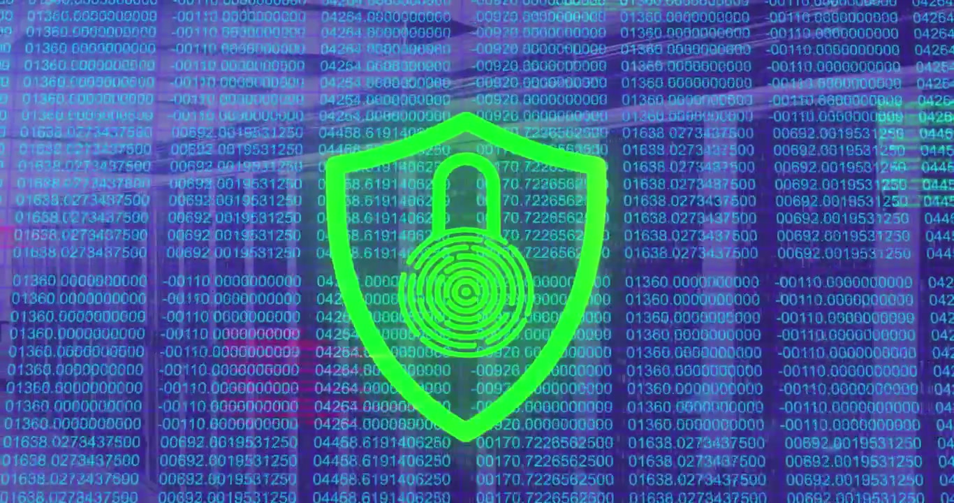 Animation of data processing and biometric fingerprint padlock over computer servers